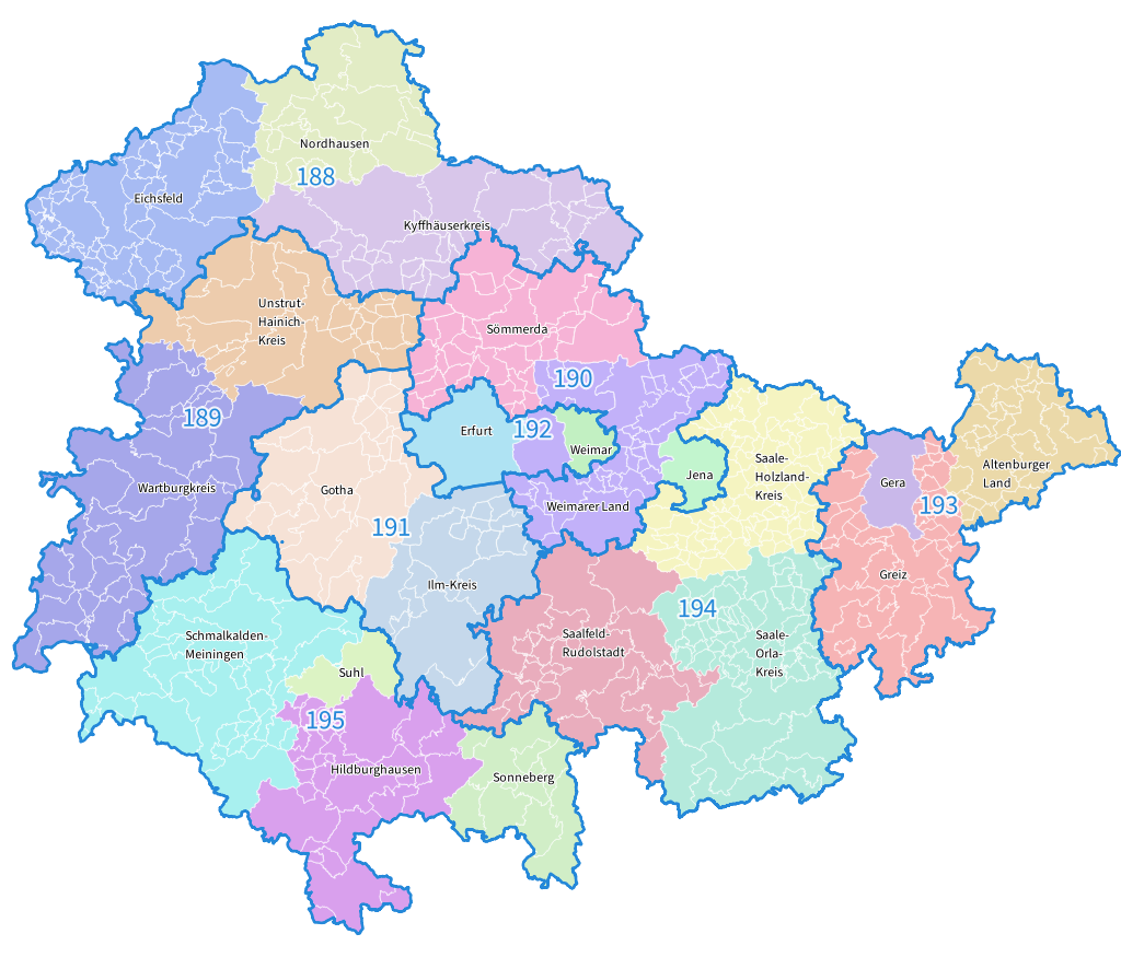 Bundestagswahlen 2025 in Thüringen - Thüringenkarte mit Einteilung der Wahlkreise